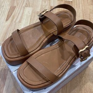 Schutz Women's Brown Leather Wavy Ankle Strap Platform Sandal Shoe Size 10.5